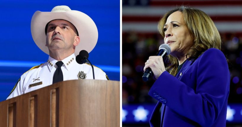 (L) Sheriff of Bexar County, Texas, Javier Salazar speaks on the third day of the Democratic National Convention (DNC) at the United Center in Chicago, Illinois, on August 21, 2024. (R) Democratic presidential candidate, U.S. Vice President Kamala Harris speaks at a campaign rally at the Fiserv Forum on August 20, 2024 in Milwaukee, Wisconsin.