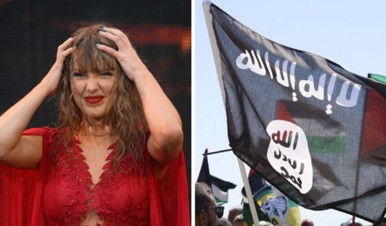 (L) Taylor Swift performs onstage during "Taylor Swift | The Eras Tour" at Volksparkstadion on July 23, 2024 in Hamburg, Germany. (R) A man holds an ISIS flag as pro-Palestinian supporters gather in Cape Town on November 12, 2023.