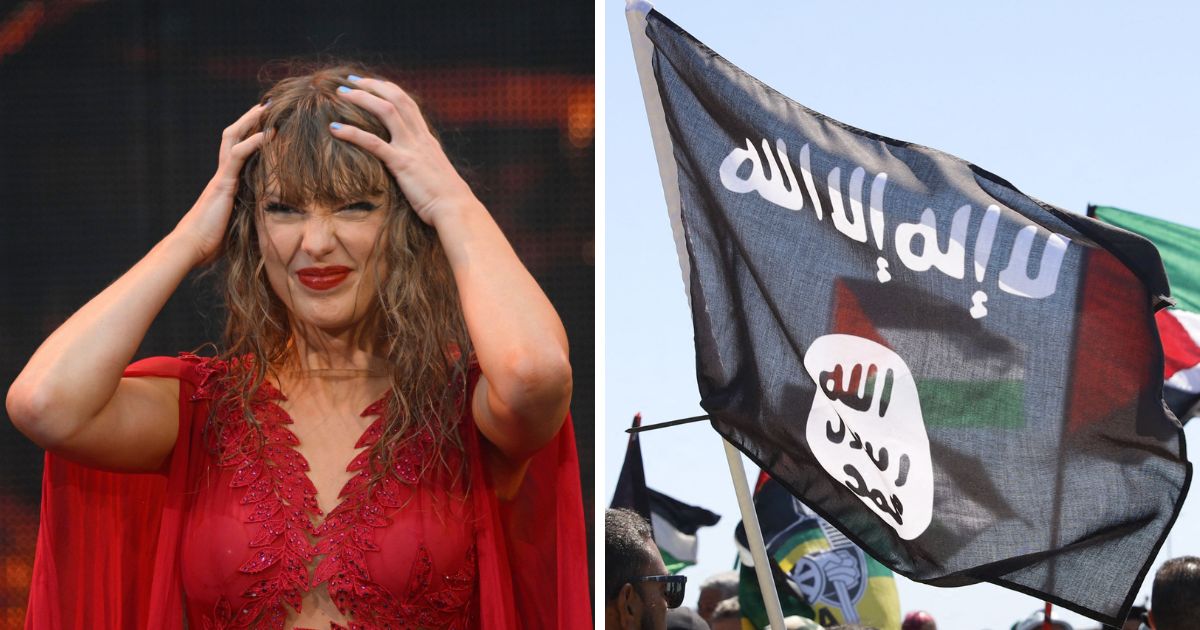 (L) Taylor Swift performs onstage during "Taylor Swift | The Eras Tour" at Volksparkstadion on July 23, 2024 in Hamburg, Germany. (R) A man holds an ISIS flag as pro-Palestinian supporters gather in Cape Town on November 12, 2023.