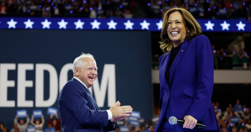 Democratic presidential candidate, U.S. Vice President Kamala Harris speaks alongside Democratic vice presidential candidate Minnesota Gov. Tim Walz at a campaign rally at the Fiserv Forum on August 20, 2024 in Milwaukee, Wisconsin.