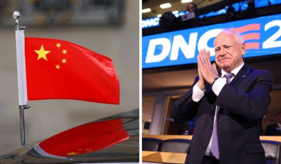 (L) The Chinese flag representing the vehicle transporting the Chinese President is parked in the grounds of The Elysee Presidential Palace during his official state visit, in Paris on May 6, 2024. (R) Minnesota Governor and 2024 Democratic vice presidential candidate Tim Walz gestures on the first day of the Democratic National Convention (DNC) at the United Center in Chicago, Illinois, on August 19, 2024.