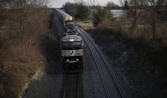 A westbound Norfolk Southern Corp. freight train makes its way along the tracks January 6, 2014 in Waddy, Kentucky.