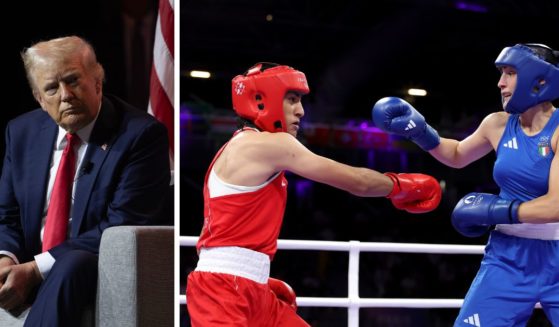 (L) Republican presidential candidate former President Donald Trump participates in a question and answers session at the National Association of Black Journalists (NABJ) convention at the Hilton Hotel on July 31, 2024 in Chicago, Illinois. (R) Imane Khelif of Team Algeria and Angela Carini of Team Italy exchange punches during the Women's 66kg preliminary round match on day six of the Olympic Games Paris 2024 at North Paris Arena on August 1, 2024 in Paris, France.