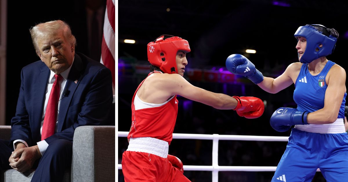 (L) Republican presidential candidate former President Donald Trump participates in a question and answers session at the National Association of Black Journalists (NABJ) convention at the Hilton Hotel on July 31, 2024 in Chicago, Illinois. (R) Imane Khelif of Team Algeria and Angela Carini of Team Italy exchange punches during the Women's 66kg preliminary round match on day six of the Olympic Games Paris 2024 at North Paris Arena on August 1, 2024 in Paris, France.