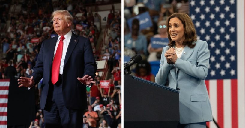 (L) Republican presidential nominee, former U.S. President Donald Trump walks onstage at a rally on July 31, 2024 in Harrisburg, Pennsylvania. (R) Democratic presidential candidate, U.S. Vice President Kamala Harris holds a campaign rally at the Georgia State Convocation Center on July 30, 2024 in Atlanta.