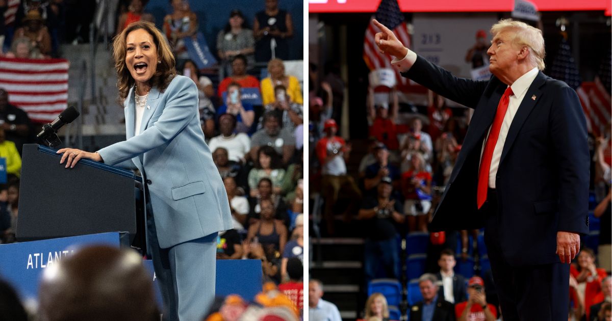 Vice President Kamala Harris, left, holds a campaign rally at the Georgia State Convocation Center on July 30 in Atlanta, Georgia. Former President Donald Trump, right, speaks during a campaign rally at the Georgia State University Convocation Center in Atlanta, Georgia, on Saturday.