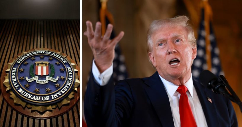 The seal of the F.B.I. hangs in the Flag Room at the bureau's headquaters March 9, 2007, in Washington, D.C. Republican presidential candidate former President Donald Trump speaks during a press conference at Mar-a-Lago on Aug. 8 in Palm Beach, Florida.