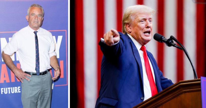 (L) Robert F. Kennedy Jr. attends the Latino Wall Street Awards 2024 at Miami Dade College, Wolfson Auditorium on June 8, 2024 in Miami, Florida. (R) Republican presidential nominee, former U.S. President Donald Trump speaks at a rally at the Brick Breeden Fieldhouse at Montana State University on August 9, 2024 in Bozeman, Montana.