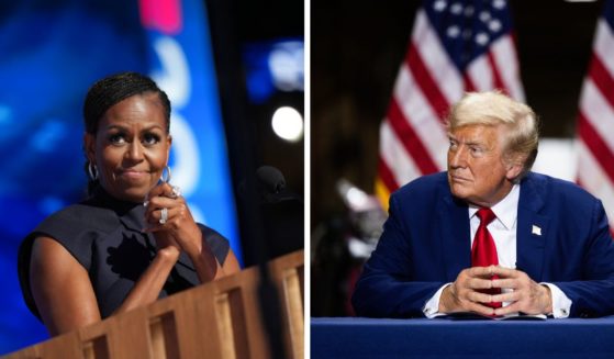 (L) Former first lady Michelle Obama speaks on stage during the second day of the Democratic National Convention at the United Center on August 20, 2024 in Chicago, Illinois. (R) Republican Presidential nominee, former president Donald J. Trump remarks during a campaign event at Precision Custom Components on August 19, 2024 in York, Pennsylvania.