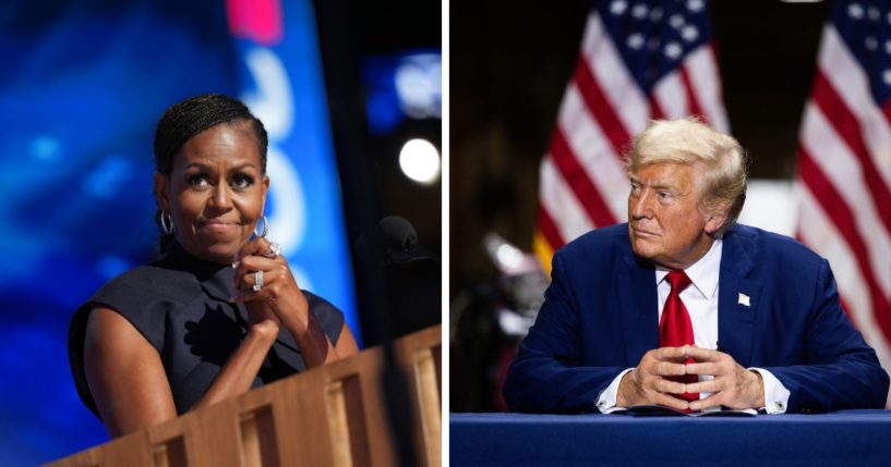 (L) Former first lady Michelle Obama speaks on stage during the second day of the Democratic National Convention at the United Center on August 20, 2024 in Chicago, Illinois. (R) Republican Presidential nominee, former president Donald J. Trump remarks during a campaign event at Precision Custom Components on August 19, 2024 in York, Pennsylvania.