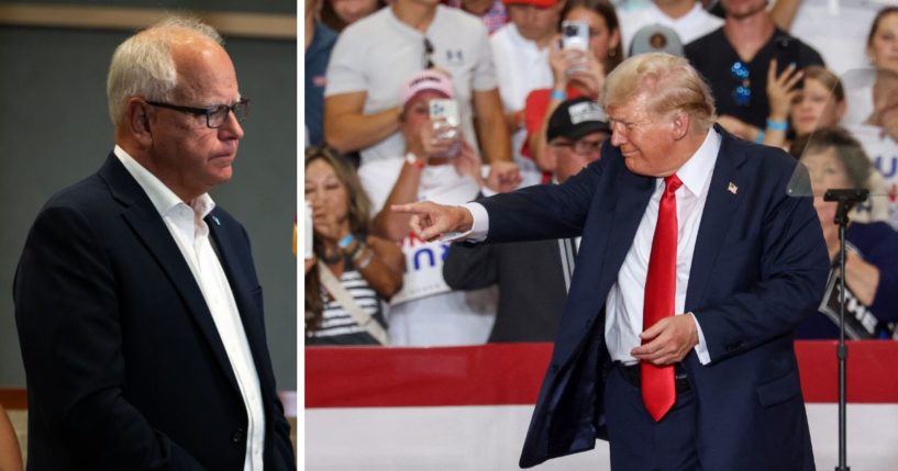 (L) Minnesota Governor Tim Walz speaks during a press conference regarding new gun legislation at City Hall on August 1, 2024 in Bloomington, Minnesota. (R) Former US President and 2024 Republican presidential candidate Donald Trump gestures after speaking during a campaign rally at Herb Brooks National Hockey Center in Saint Cloud, Minnesota, on July 27, 2024.