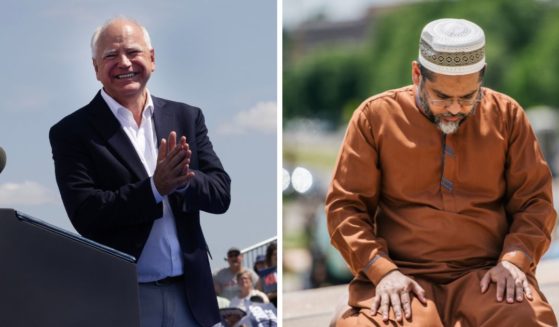 (L) Democratic vice presidential candidate, Minnesota Gov. Tim Walz speaks at a campaign rally where he appeared with his running mate Vice President Kamala Harris on August 7, 2024 in Eau Claire, Wisconsin. (R) Imam Asad Zaman, Executive Director of the Muslim American Society, prays on the steps of the St. Paul Capitol on June 19, 2020 in St. Paul, Minnesota.