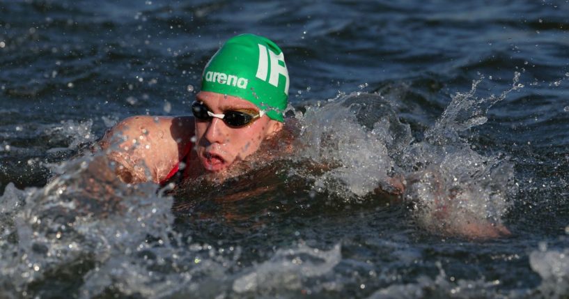 Daniel Wiffen of Team Ireland competes in the Marathon Swimming Men's 10k on day fourteen of the Olympic Games Paris 2024 at Pont Alexandre III on August 9, 2024 in Paris, France.