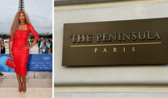 (L) Serena Williams attends the red carpet ahead of the opening ceremony of the Olympic Games Paris 2024 on July 26, 2024 in Paris, France. (R) This X screen shot, posted by Williams on Aug. 5, shows a plaque for a restaurant in Paris.