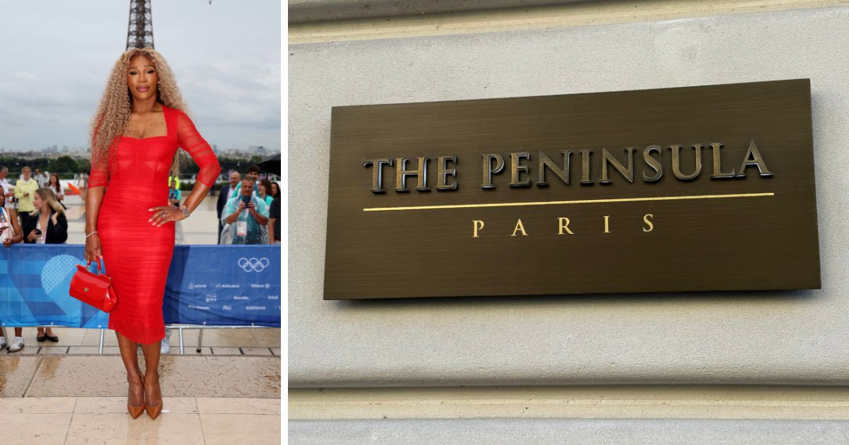 (L) Serena Williams attends the red carpet ahead of the opening ceremony of the Olympic Games Paris 2024 on July 26, 2024 in Paris, France. (R) This X screen shot, posted by Williams on Aug. 5, shows a plaque for a restaurant in Paris.