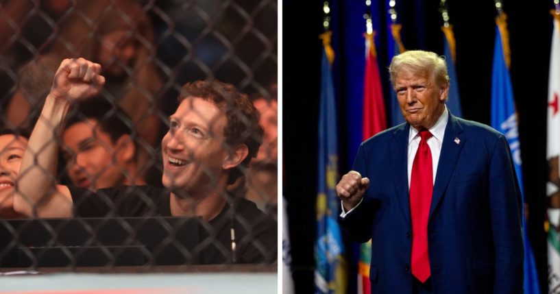 (L) Mark Zuckerberg is seen at UFC 298 at Honda Center on February 17, 2024 in Anaheim, California. (R) Republican presidential nominee, former U.S. President Donald Trump raises his fist as he greets the crowd before speaking during the National Guard Association of the United States' 146th General Conference & Exhibition at Huntington Place Convention Center on August 26, 2024 in Detroit, Michigan.