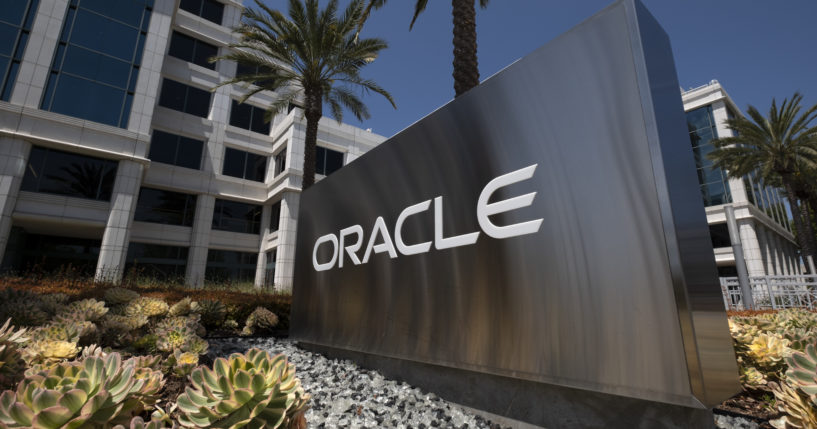 A sign for Oracle Corporation is seen outside their offices in Santa Monica, California, on June 21, 2023.