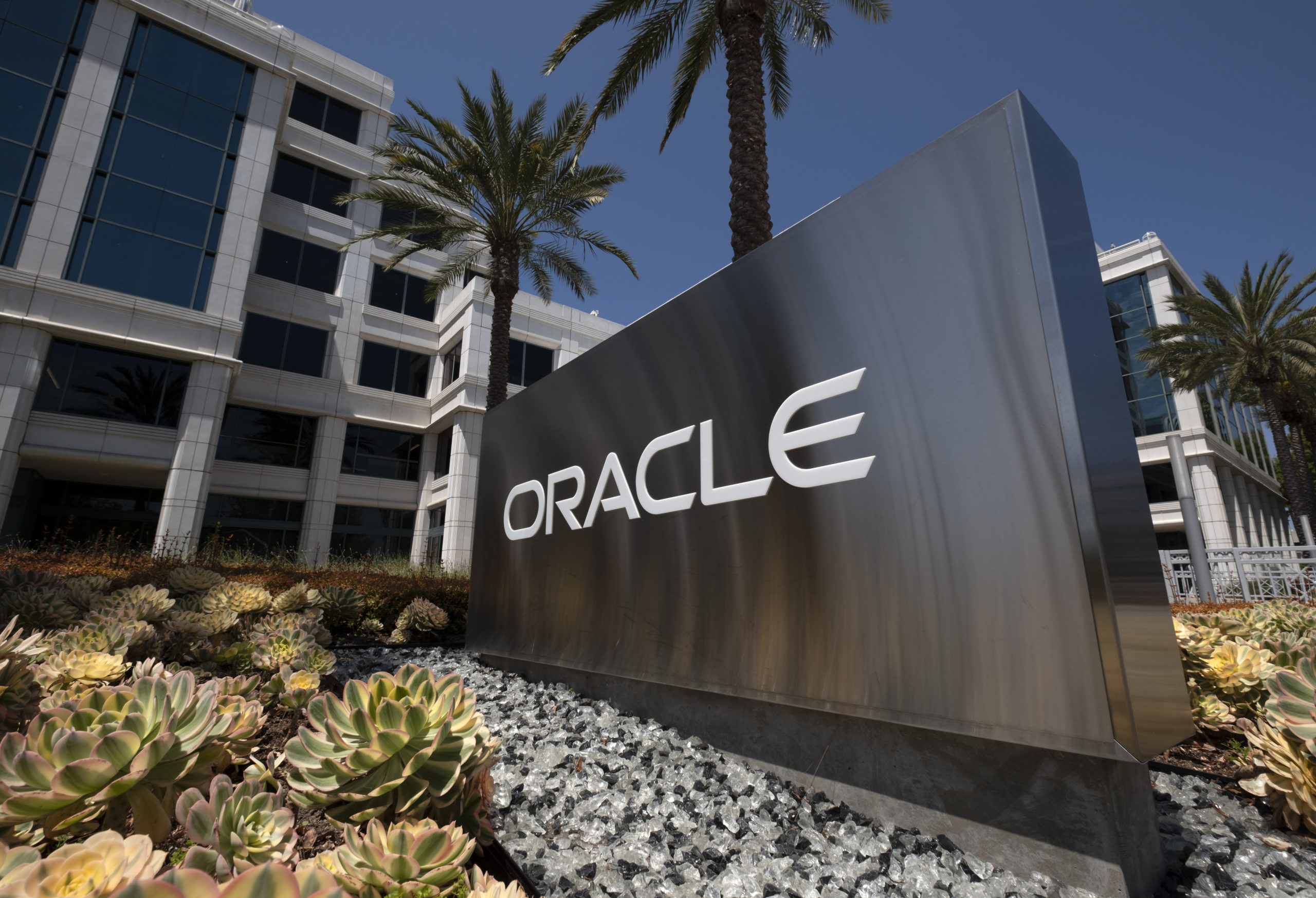 A sign for Oracle Corporation is seen outside their offices in Santa Monica, California, on June 21, 2023.