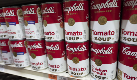 Cans of Campbell's soup are displayed in a supermarket on March 25, 2021, in New York.