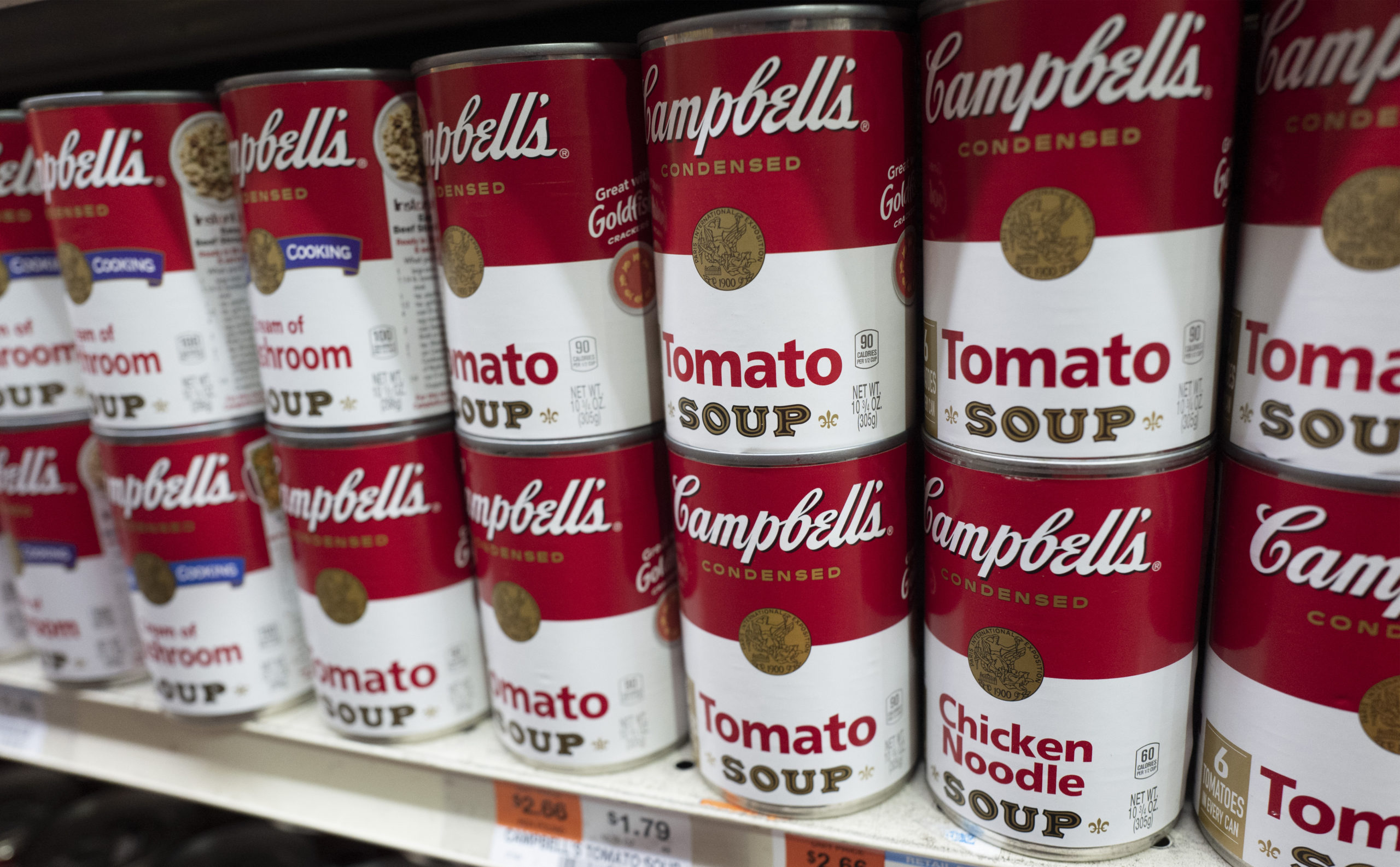 Cans of Campbell's soup are displayed in a supermarket on March 25, 2021, in New York.