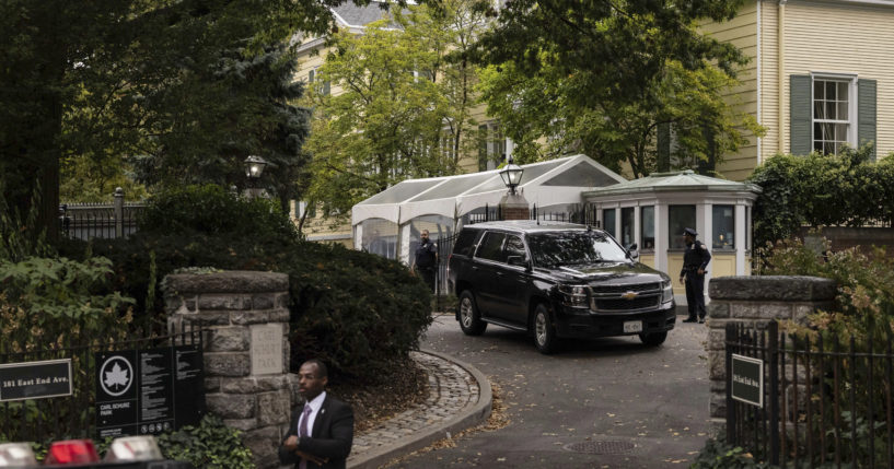 A vehicle drives out of Gracie Mansion, the official residence of New York City Mayor Eric Adams, Thursday.