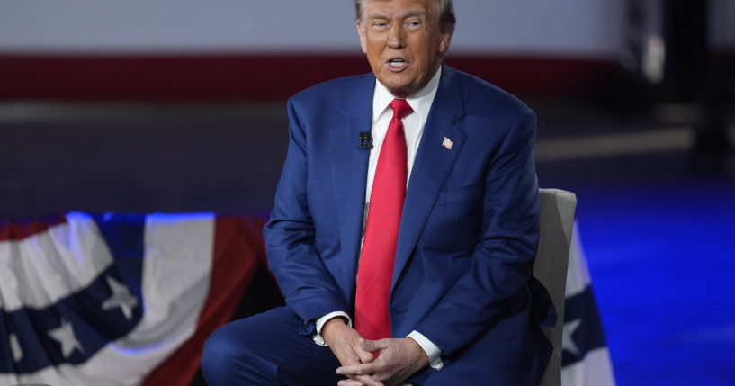 Republican presidential nominee former President Donald Trump participates in a town hall with FOX News host Sean Hannity at the New Holland Arena on Wednesday in Harrisburg, Pennsylvania.