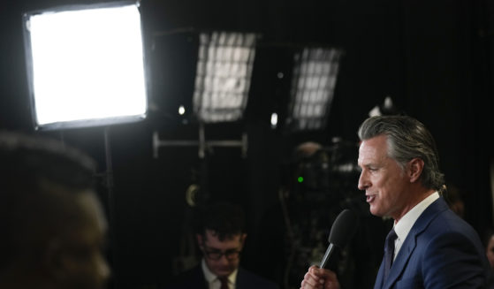 California Gov. Gavin Newsom speaks to reporters in the spin room before a presidential debate between Republican presidential nominee former President Donald Trump and Democratic presidential nominee Vice President Kamala Harris in Philadelphia, Pennsylvania, on Tuesday.