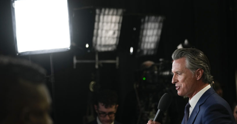 California Gov. Gavin Newsom speaks to reporters in the spin room before a presidential debate between Republican presidential nominee former President Donald Trump and Democratic presidential nominee Vice President Kamala Harris in Philadelphia, Pennsylvania, on Tuesday.