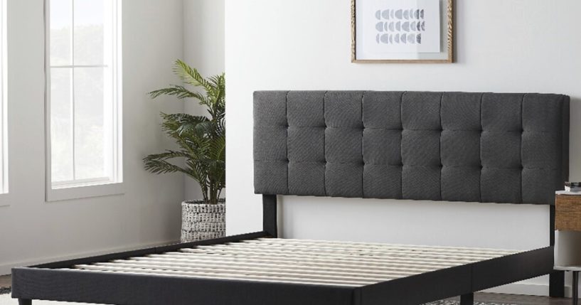 This photo provided by the Consumer Product Safety Commission shows a Lucid Platform Bed with an upholstered square tufted headboard that is being recalled across the U.S. and Canada.