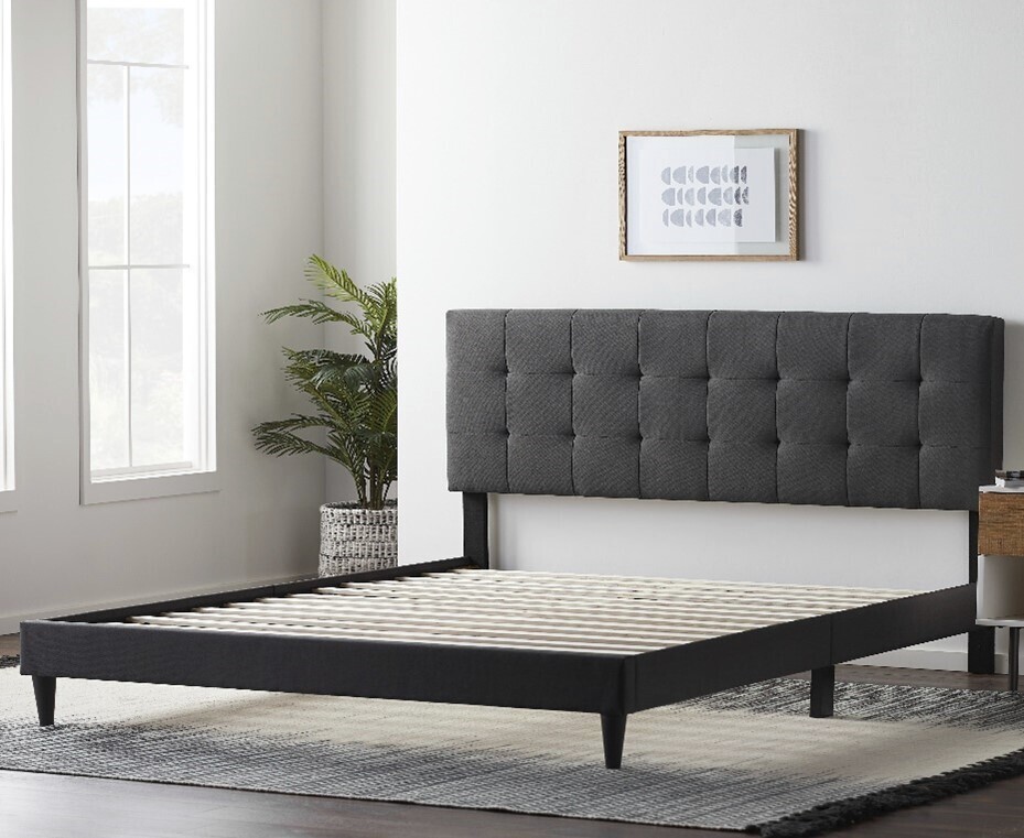 This photo provided by the Consumer Product Safety Commission shows a Lucid Platform Bed with an upholstered square tufted headboard that is being recalled across the U.S. and Canada.