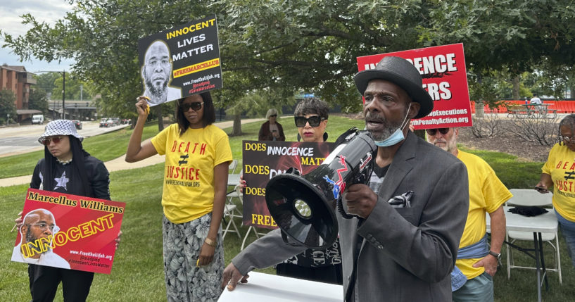 Joseph Amrine, who was exonerated two decades ago after spending years on death row, speaks at a rally to support Missouri death row inmate Marcellus Williams on Aug. 21 in Clayton, Missouri.