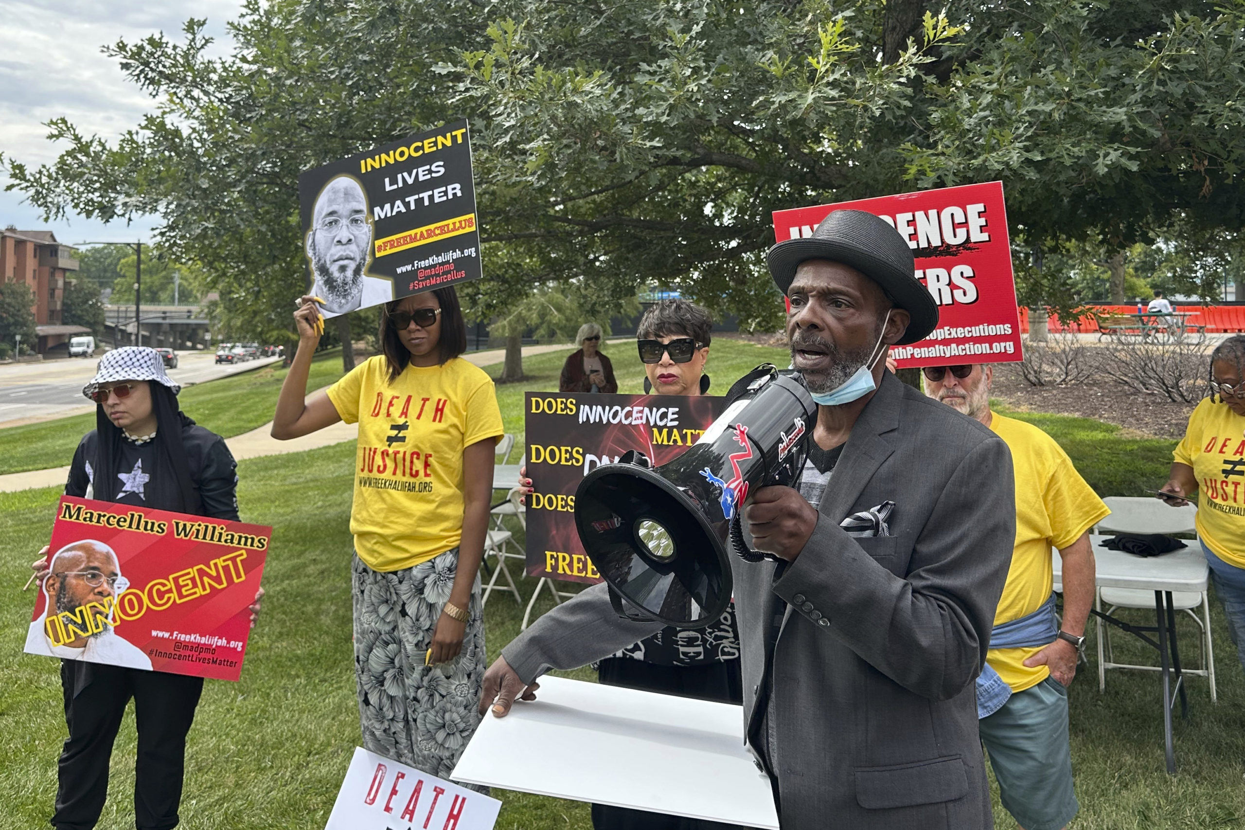 Joseph Amrine, who was exonerated two decades ago after spending years on death row, speaks at a rally to support Missouri death row inmate Marcellus Williams on Aug. 21 in Clayton, Missouri.