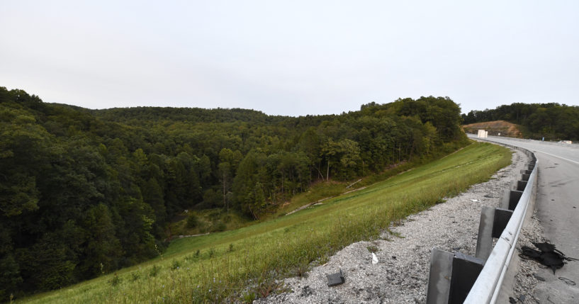 Trees stand in wooded areas alongside Interstate 75 near Livingston, Kentucky, Sunday, September 8, 2024, as police search for a suspect in a shooting Saturday along the Interstate.