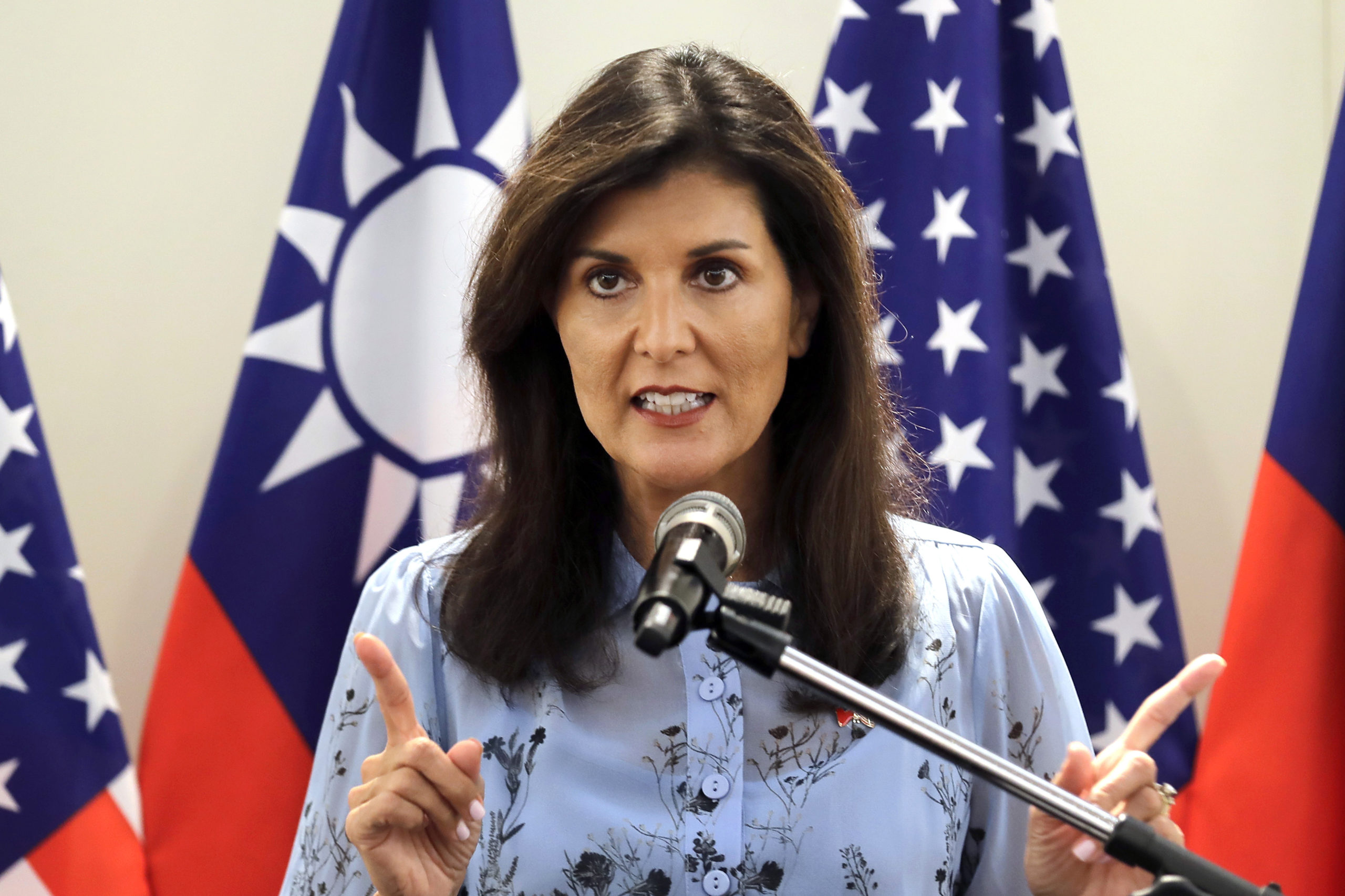 Nikki Haley, former United States Ambassador to the United Nations, speaks to media during her press conference before leaving Taipei, Taiwan, Saturday, August 24, 2024.