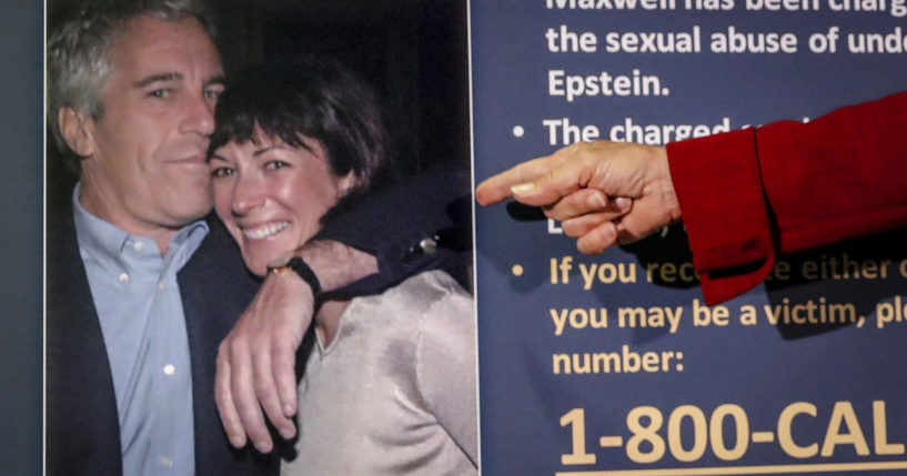 Audrey Strauss, acting U.S. attorney for the Southern District of New York, points to a photo of Jeffrey Epstein and Ghislaine Maxwell, during a news conference in New York, July 2, 2020.