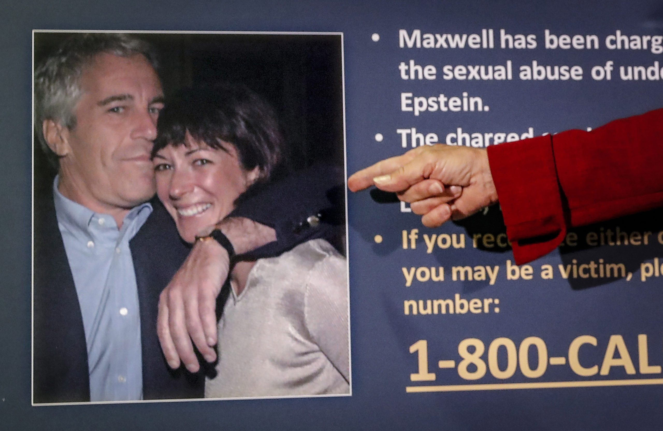 Audrey Strauss, acting U.S. attorney for the Southern District of New York, points to a photo of Jeffrey Epstein and Ghislaine Maxwell, during a news conference in New York, July 2, 2020.