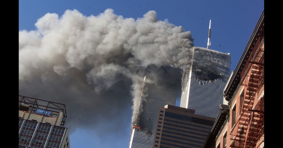 The World Trade Center on fire after hijacked planes crashed into the towers in New York City on Sept. 11, 2001.