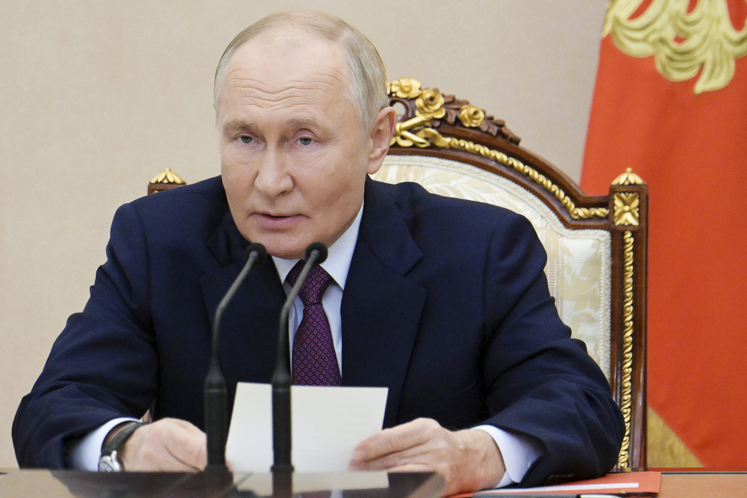 Russian President Vladimir Putin speaks at the Security Council meeting on nuclear deterrence at the Kremlin in Moscow, Russia, Wednesday.