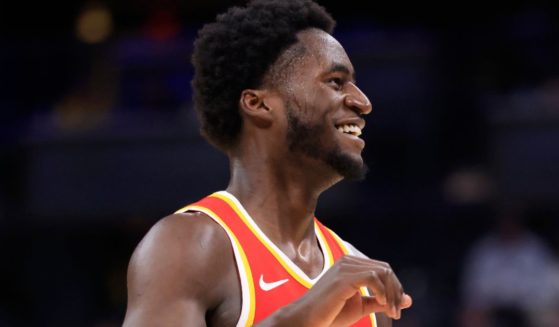 AJ Griffin of the Atlanta Hawks reacts in the game against the Indiana Pacers in Indianapolis, Indiana, on Oct. 16, 2023.