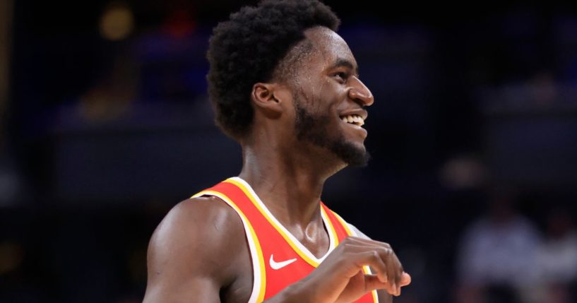 AJ Griffin of the Atlanta Hawks reacts in the game against the Indiana Pacers in Indianapolis, Indiana, on Oct. 16, 2023.