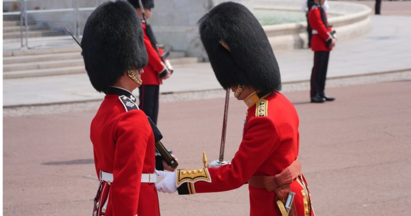 Members of the Welsh Guards outside Buckingham Palace during the ceremonial welcome for start of the State Visit to Britain by the Japanese Emperor and Empress on June 25, 2024, in London.