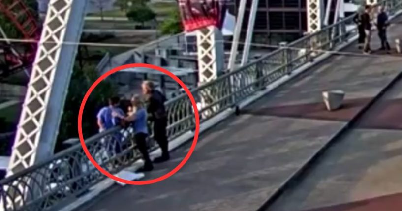 Rock star philanthropist Jon Bon Jovi and a companion talked to the woman out of jumping from the ledge of a pedestrian bridge Tuesday night.