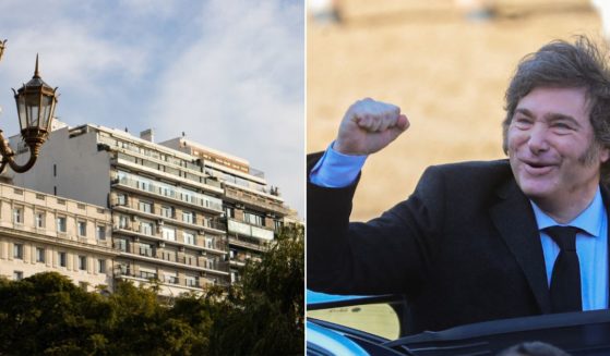 Residential buildings are seen in the Recoleta neighborhood of Buenos Aires, left. Argentinian President Javier Milei, right, abolished his predecessor's strict rent-control laws, leading to a lowering of rents and greater availability of affordable housing options.