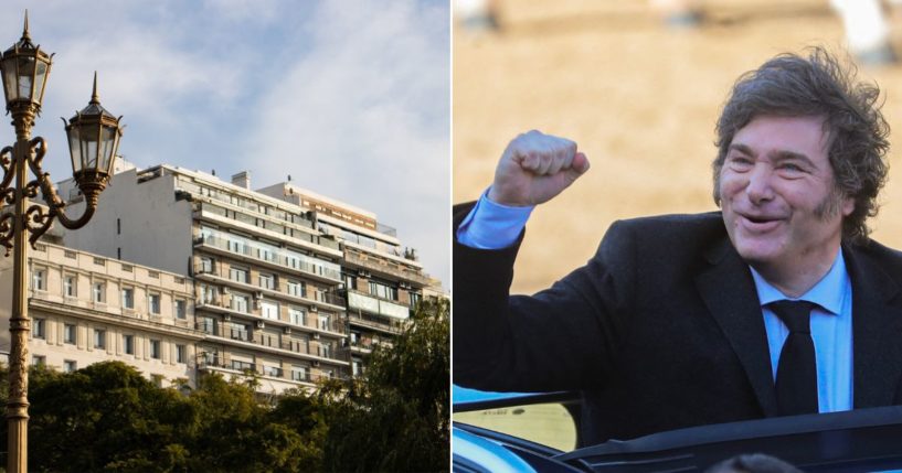 Residential buildings are seen in the Recoleta neighborhood of Buenos Aires, left. Argentinian President Javier Milei, right, abolished his predecessor's strict rent-control laws, leading to a lowering of rents and greater availability of affordable housing options.