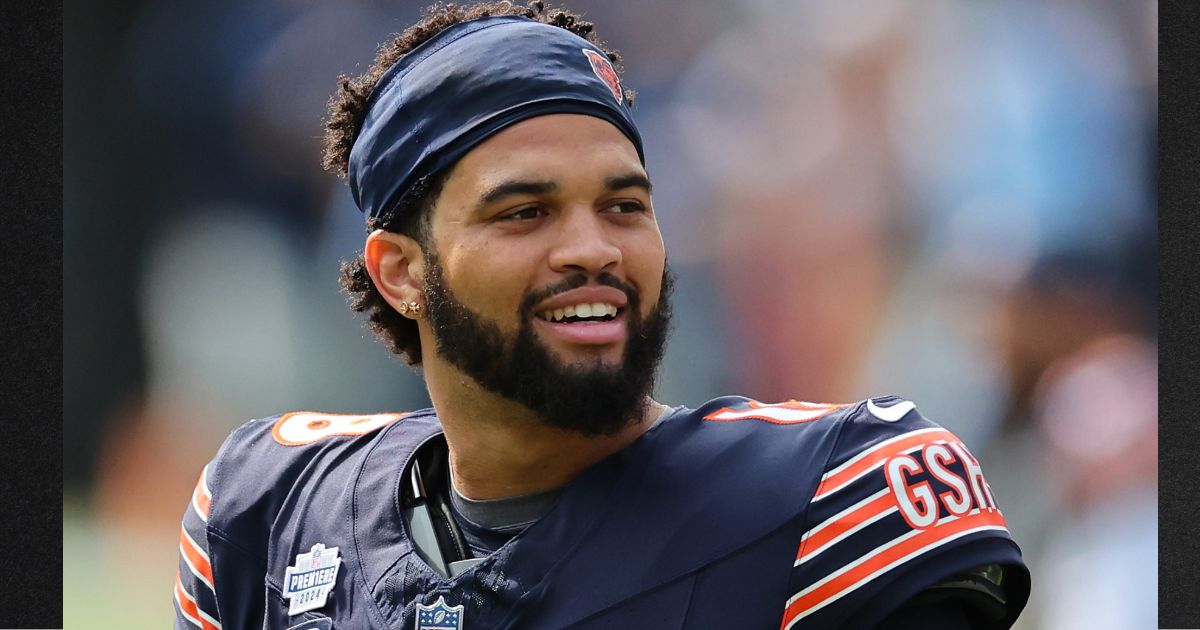 Caleb Williams #18 of the Chicago Bears participates in warm-ups prior to a game against the Tennessee Titans Sunday in Chicago, Illinois. The Bears defeated the Titans 24-17.