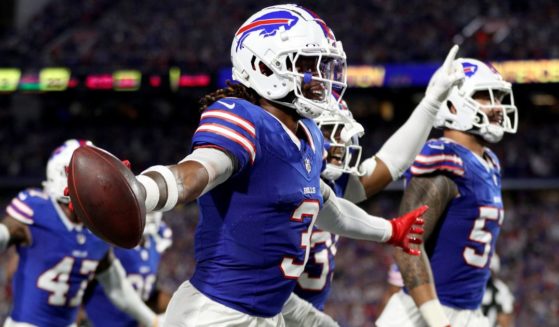 Damar Hamlin of the Buffalo Bills celebrates after an interception during the second quarter against the Jacksonville Jaguars in Orchard Park, New York, on Monday.