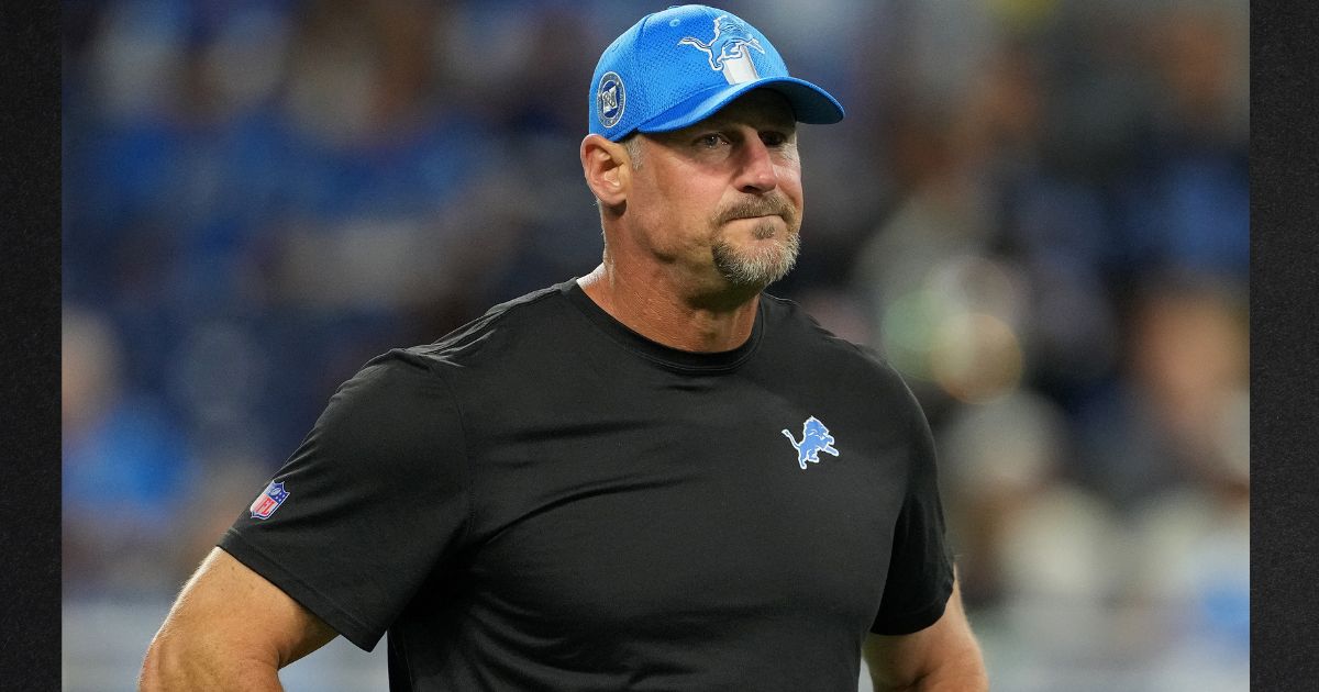 Detroit Lions head coach Dan Campbell looks on during warmups before their game against the Los Angeles Rams at Ford Field on Sept. 8 in Detroit, Michigan.