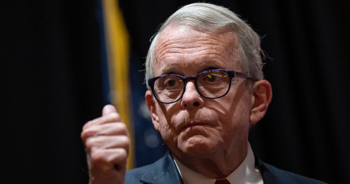 Ohio Governor Mike DeWine speaking at a campaign stop in Moraine, Ohio, in 2022.