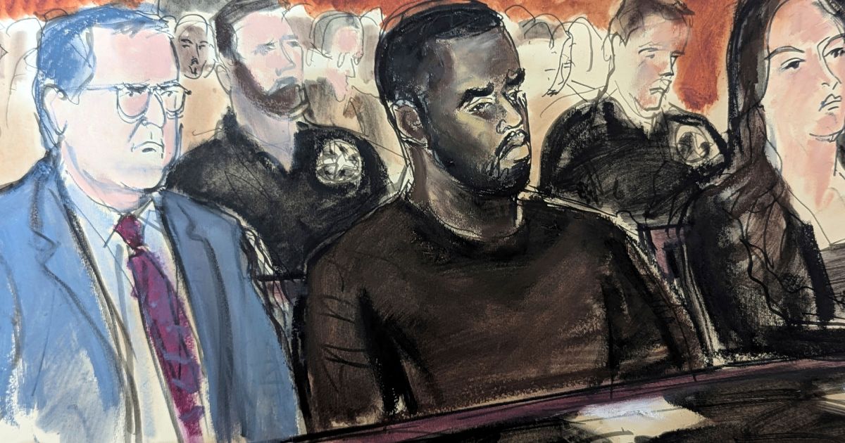 This court drawing shows Sean "Diddy" Combs flanked by his defense attorney Marc Agnifilo, left, and Teny Garagos, right, in Manhattan Federal Court in New York City on Tuesday.