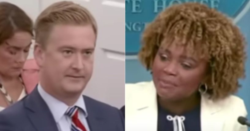 During Tuesday's White House media briefing, Fox News correspondent Peter Doocy, left, asked White House press secretary Karine Jean-Pierre, right, about Kamala Harris' fake accent.